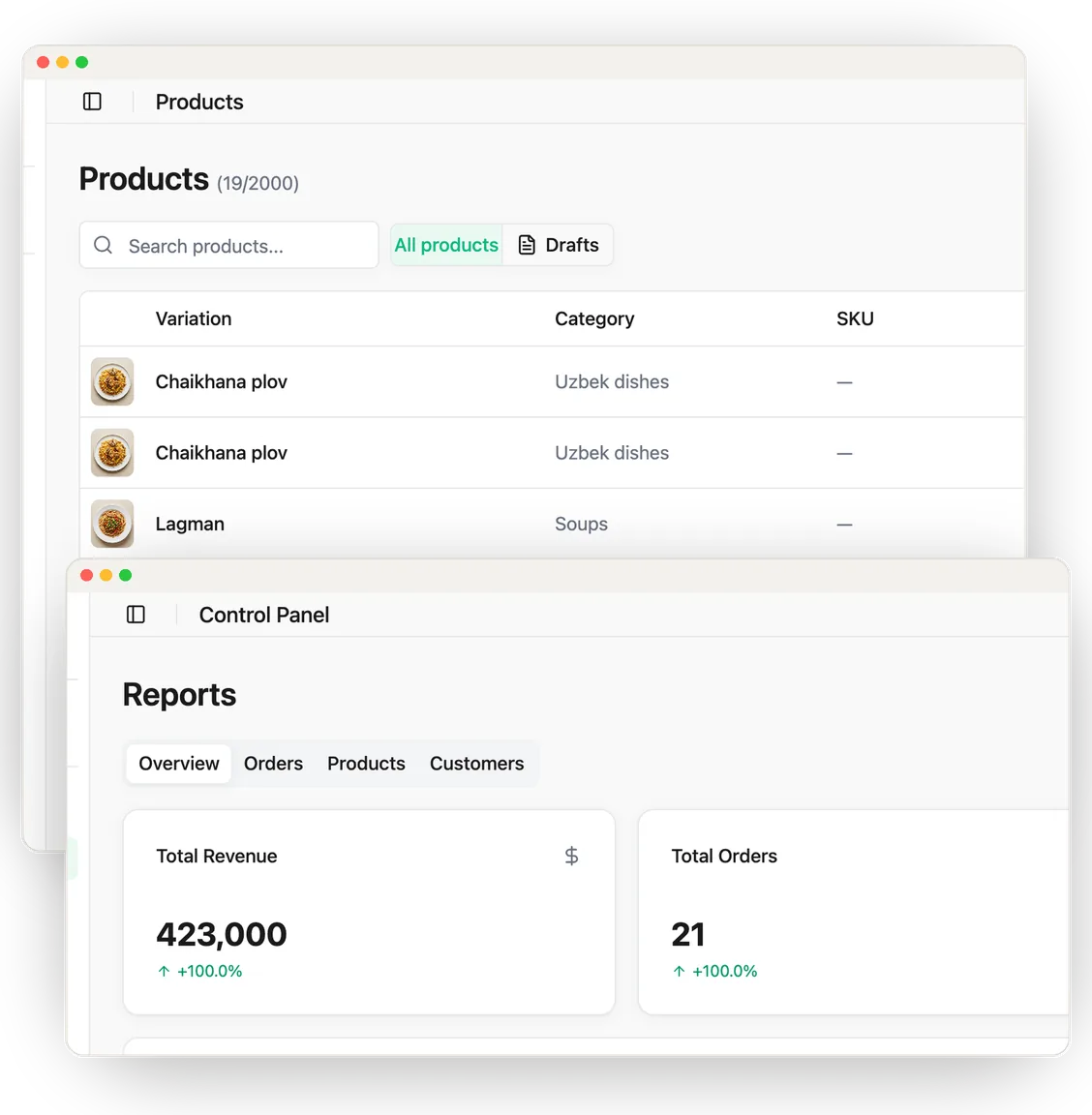Menu, staff and reports