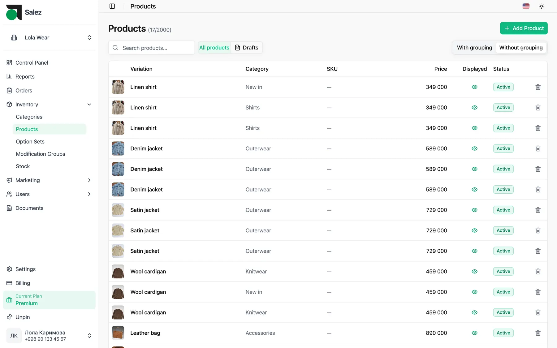 Salez panel: the product list with photos, prices and status
