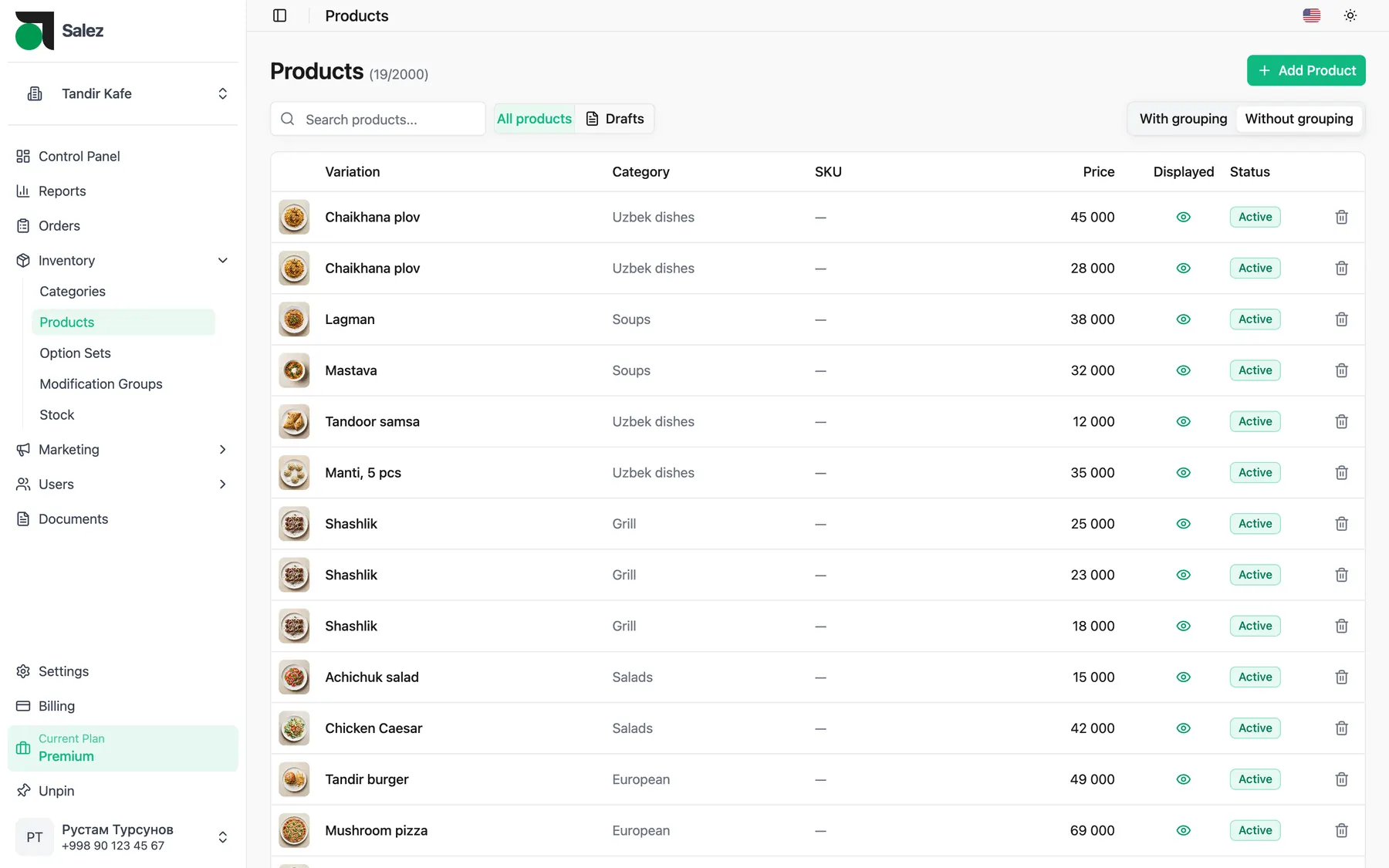 Salez panel: the product list with photos, prices and status